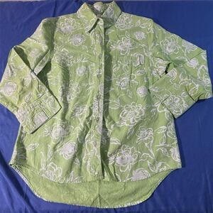 Women's S Green Floral 3/4 Sleeve Button-Up Shirt
